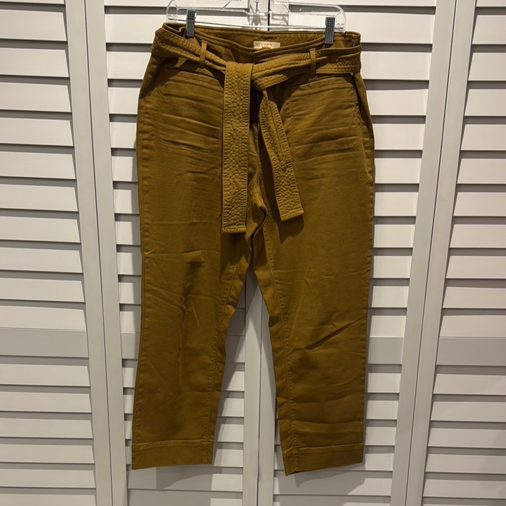 LOFT Straight Leg Pants with Belt and Pockets in a dark mustard color.